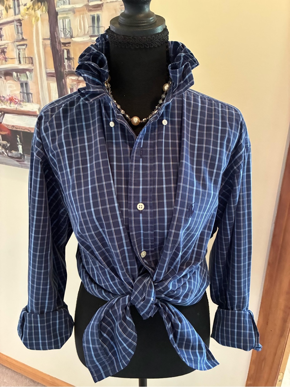 Ralph Lauren Navy Plaid Button-Down Tie-Front Shirt